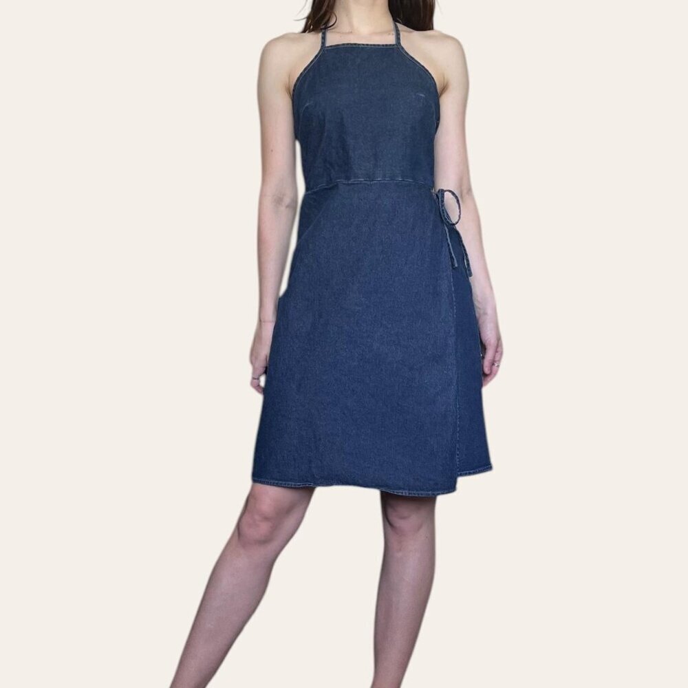 American Eagle high neck wrap front denim mini dress - Picture 2 of 7